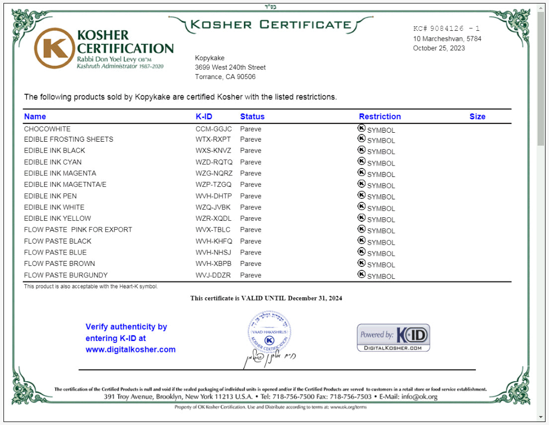 Nutrition Facts, Kosher Certificate for edible shelf, instructions (not for sell, just info)