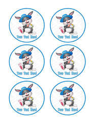 Happy easter bunny wearing a hat carrying eggs - Edible Cake Topper, Cupcake Toppers, Strips