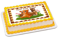 Baby Brown Bear with Squirrel - Edible Cake Topper, Cupcake Toppers, Strips