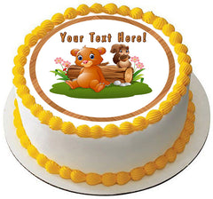 Baby Brown Bear with Squirrel - Edible Cake Topper, Cupcake Toppers, Strips
