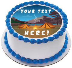 Camping in Night Time Family Camping Tent and Fire - Edible Cake Topper, Cupcake Toppers, Strips
