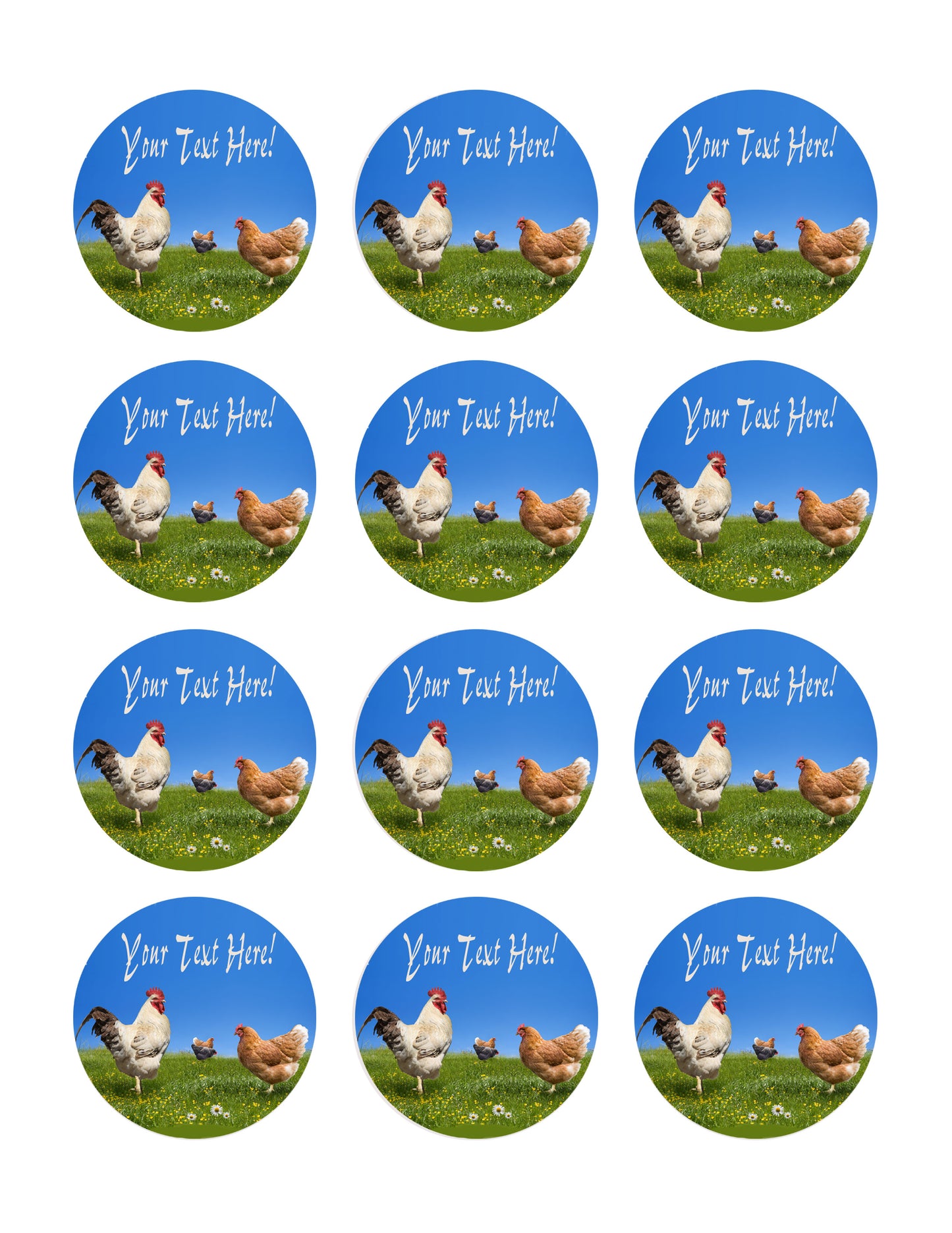Chickens and on the Green Meadow - Edible Cake Topper, Cupcake Toppers, Strips