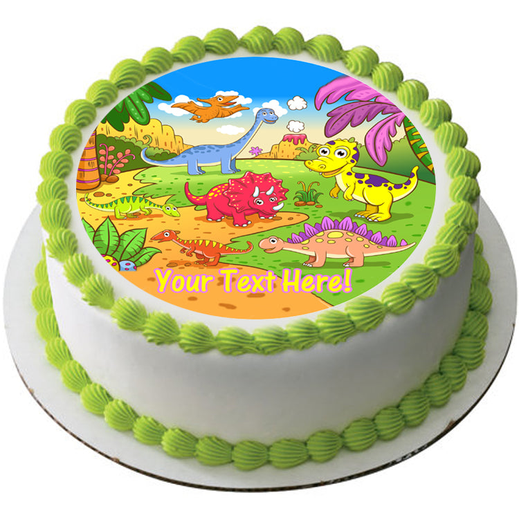 Cute dinosaurs in prehistoric scene - Edible Cake Topper, Cupcake Toppers, Strips