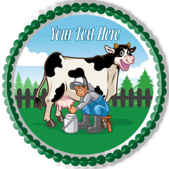 Happy cow illustration while the farmer milking - Edible Cake Topper, Cupcake Toppers, Strips