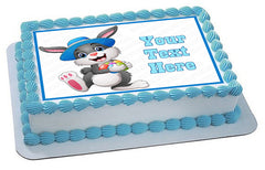 Happy easter bunny wearing a hat carrying eggs - Edible Cake Topper, Cupcake Toppers, Strips