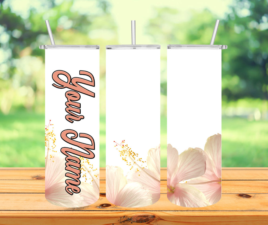 Sunlight Pink Hibiscus with Name, Personalized Tumbler with Lid and Straw, Custom Insulated Skinny Tumbler, 20 oz Water Cup