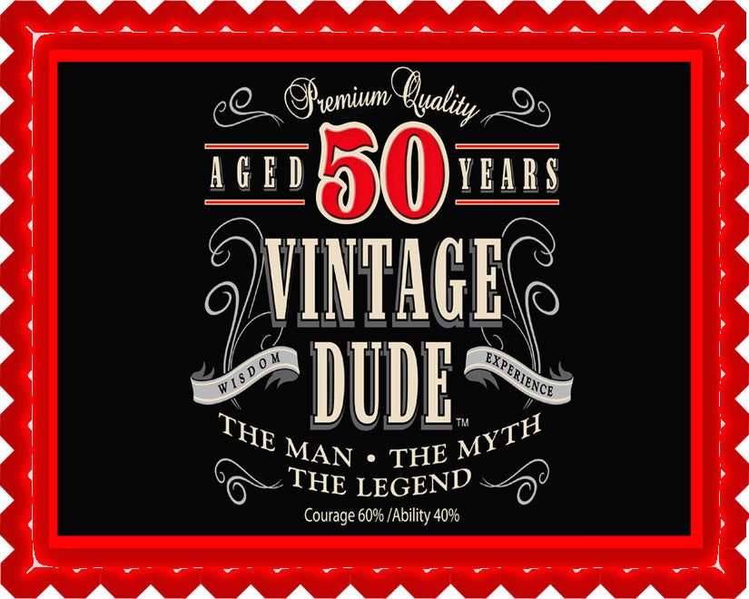 Vintage Dude 50th - Edible Cake Topper OR Cupcake Topper (you can change the age)