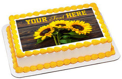 Yellow Sunflower Bouquet on Wooden Rustic - Edible Cake Topper, Cupcake Toppers, Strips