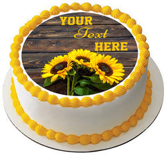 Yellow Sunflower Bouquet on Wooden Rustic - Edible Cake Topper, Cupcake Toppers, Strips